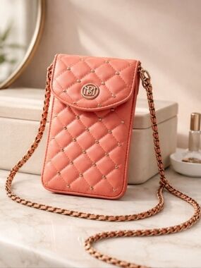 Badgley Mischka Vegan Leather Coral Pearls Strap Phone Case 8"x4.5" NWT